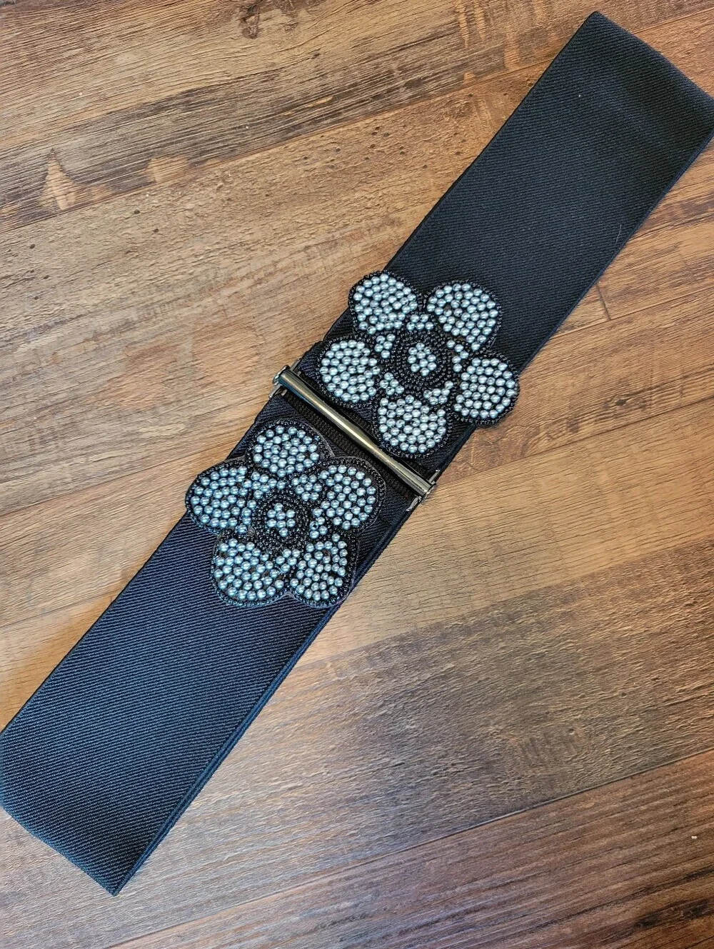Stunning Black Beaded Flower Statement Stretch Belt